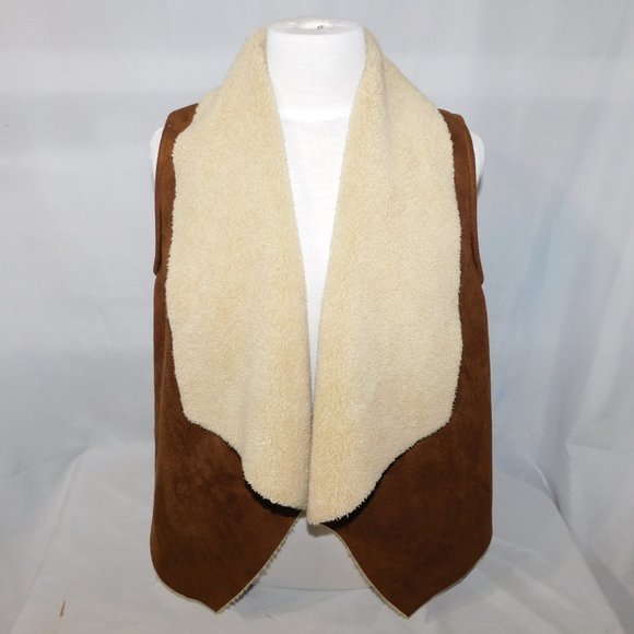 Chaps Petite Womens Medium Faux Brown Suede Shearling Open Vest - Picture 8 of 8